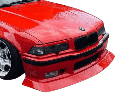 BMW E36 JDM Style Front Lip V2 by K2 Industries, close-up of the black aerodynamic front lip for 1992-1999 BMW E36.