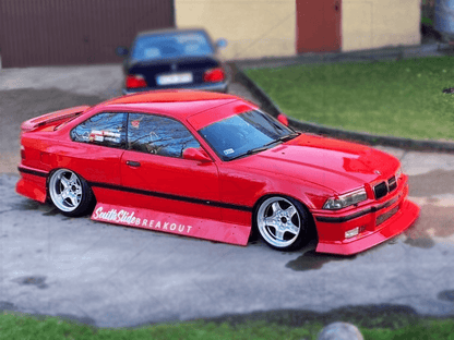 BMW E36 JDM Style Front Lip V2 by K2 Industries, front bumper lip for 1992-1999 BMW E36 model, showing the sleek black design.