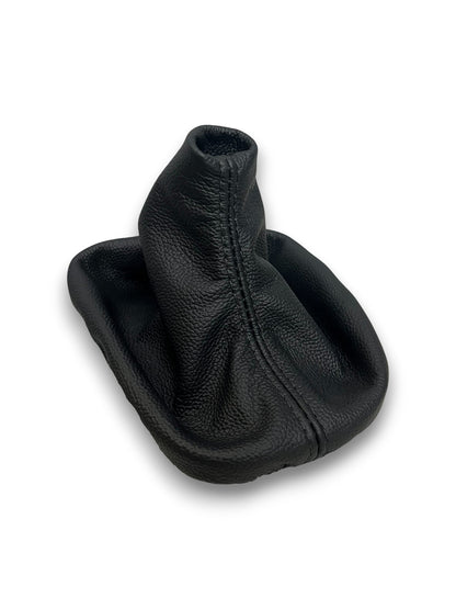 Genuine top grain leather BMW E36 E46 manual shift boot cover with retainer frame, crafted by JTS Custom Upholstery.