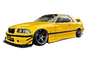 Black BMW E36 M3 Series 3 side skirt extensions by K2 Industries, designed for 1992-1999 model years, shown on vehicle.