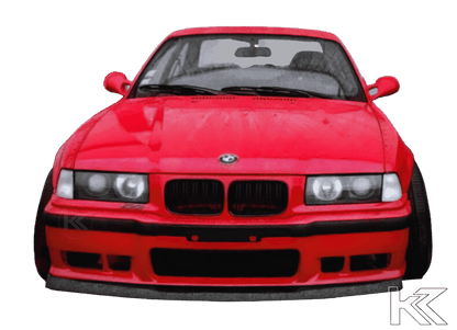 BMW E36 M3 Series 3 JDM style front lip by K2 Industries, designed for 1992-1999 models, shown in black with aerodynamic design.
