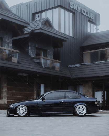 BMW E36 M3 Series 3 JDM Style front lip by K2 Industries installed on a 1992-1999 model, showing sleek aerodynamic design.