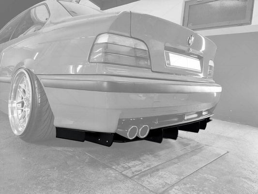 BMW E36 Precision Aluminum Diffuser V1 by K2 Industries, showcasing the sleek, lightweight diffuser designed for 1992-1999 models.