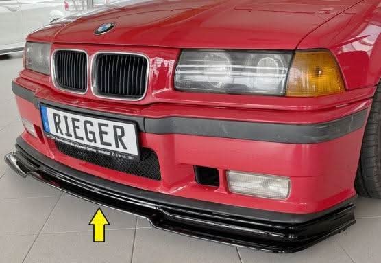 BMW E36 Rieger front lip for M3, made by K2 Industries, shown on a 1990-1999 model, enhancing front bumper styling.
