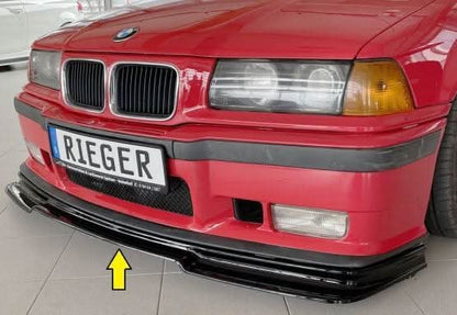 BMW E36 Rieger front lip for M3, made by K2 Industries, shown on a 1990-1999 model, enhancing front bumper styling.