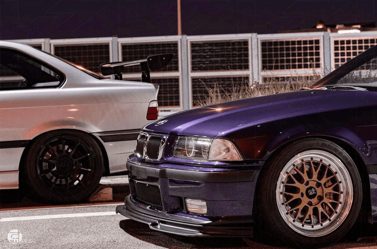 BMW E36 Rieger M3 front lip by K2 Industries, installed on a 1990-1999 BMW E36, showing the sleek, aerodynamic design.