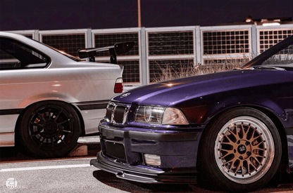 BMW E36 Rieger M3 front lip by K2 Industries, installed on a 1990-1999 BMW E36, showing the sleek, aerodynamic design.
