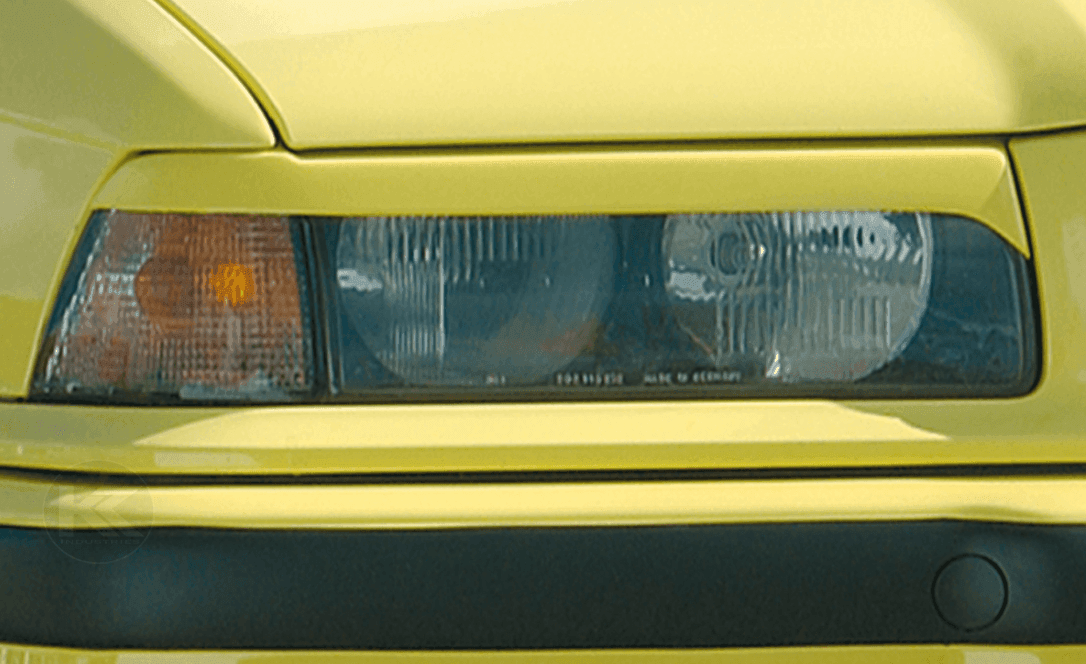 BMW E36 Rieger Headlight Eyebrows for Sedan, Compact, Wagon by K2 Industries, fits 1990-1999 models, enhances headlight appearance.
