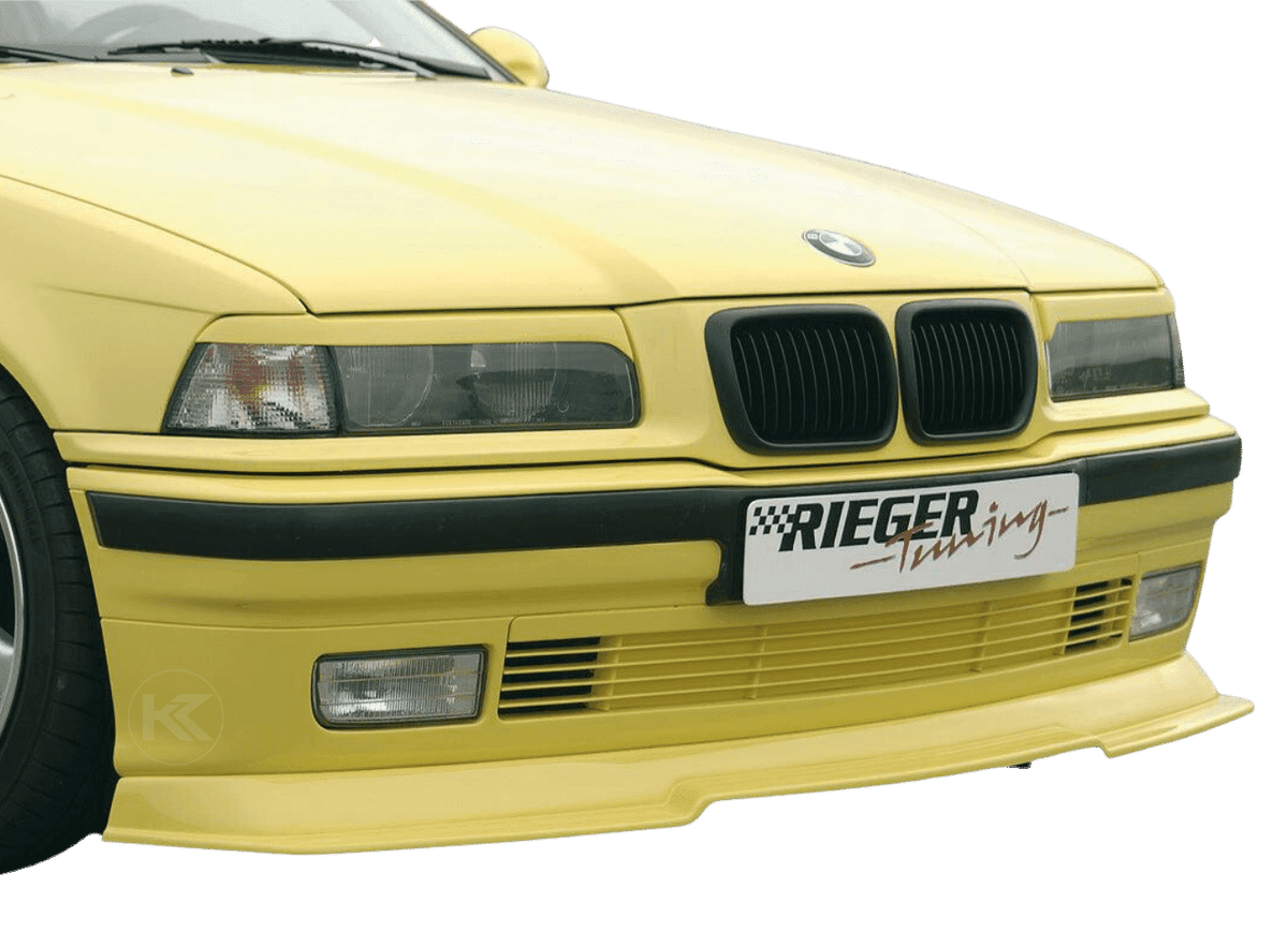 BMW E36 Rieger non-M front lip for 1990-1999 models by K2 Industries, shown in black with aerodynamic design.