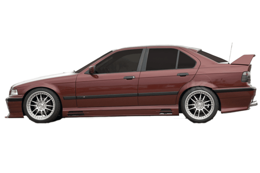 BMW E36 Rieger vented side skirts by K2 Industries for 1990-1999 models, featuring a sleek side profile and vented design.