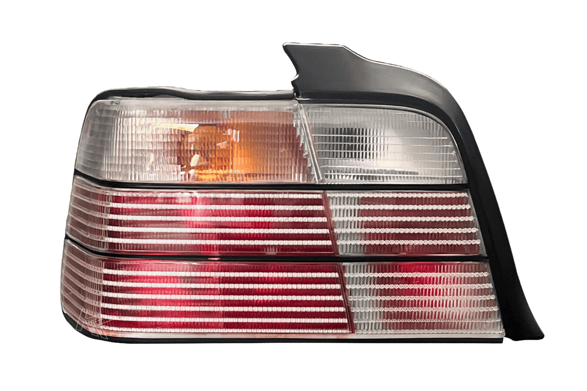 BMW E36 Sedan clear OEM-style tail lights by K2 Industries, showing sleek, transparent tail light lenses for 1990-1999 model.