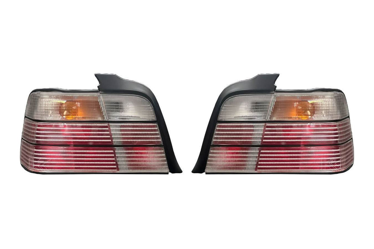 BMW E36 sedan clear OEM style tail lights by K2 Industries, showing sleek, transparent rear light assemblies for 1990-1999 models.
