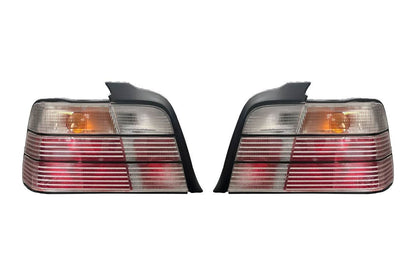 BMW E36 sedan clear OEM style tail lights by K2 Industries, showing sleek, transparent rear light assemblies for 1990-1999 models.