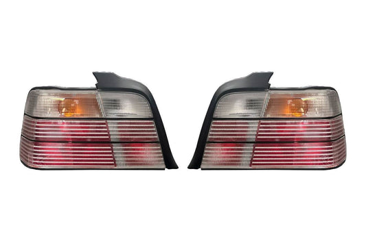 BMW E36 sedan clear OEM style tail lights by K2 Industries, showing sleek, transparent rear light assemblies for 1990-1999 models.