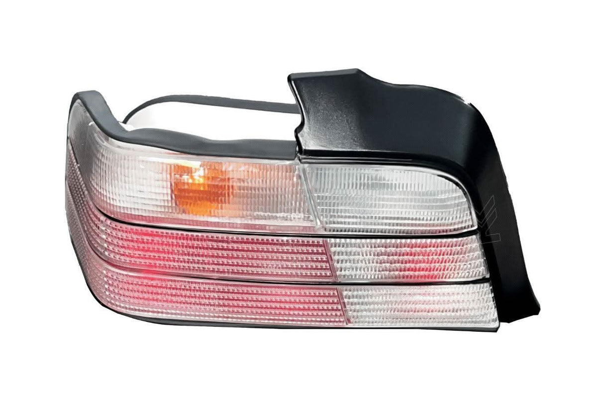 BMW E36 Sedan clear OEM style tail lights by K2 Industries, showing the sleek, transparent design for 1990-1999 models.