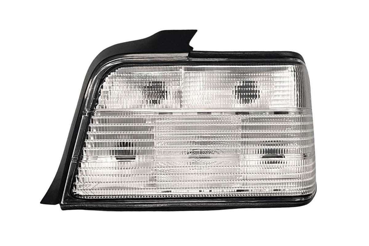 BMW E36 Sedan custom clear tail lights by K2 Industries, for 1992-1999 model, showing sleek, modern design with clear lens covers.