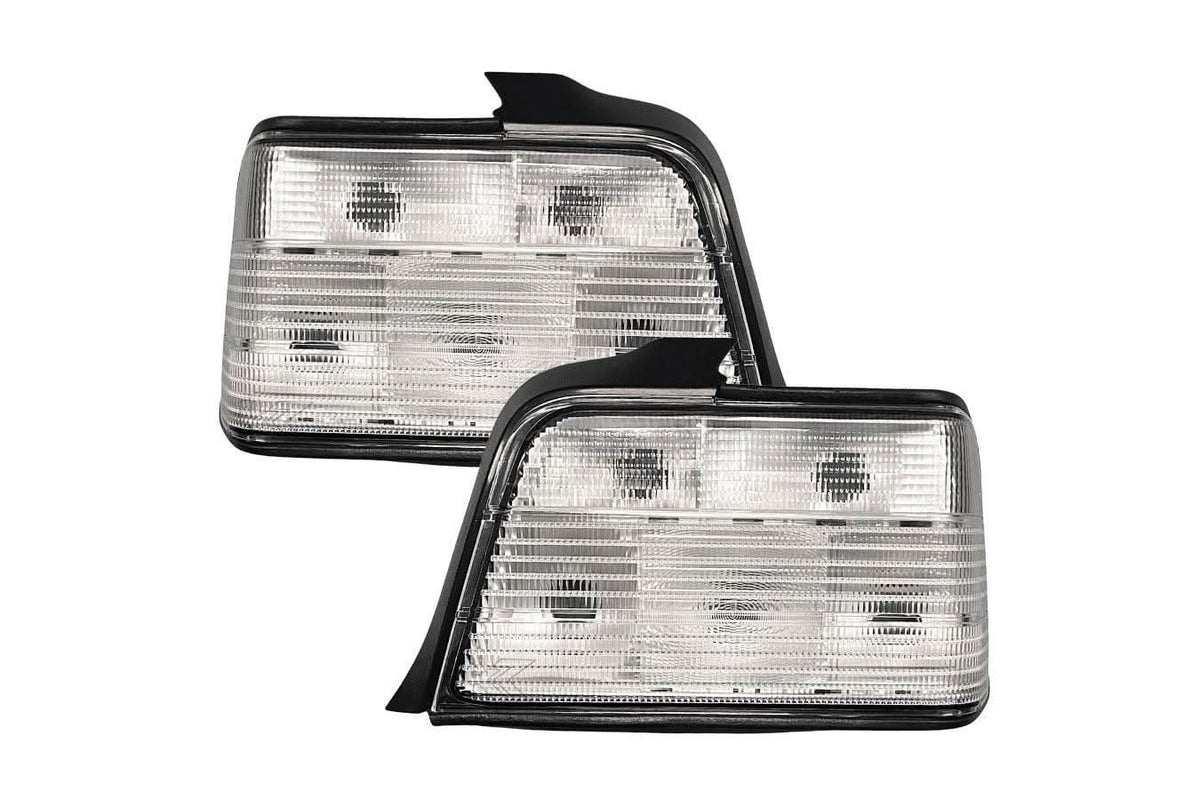 BMW E36 Sedan custom clear tail lights V3 by K2 Industries, showing sleek design and modern clear lens for 1992-1999 models.
