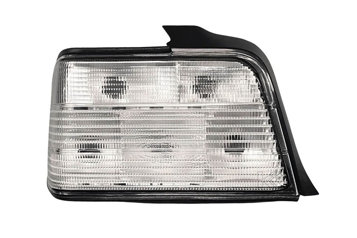 BMW E36 Sedan custom clear tail lights V3 by K2 Industries, showing sleek, transparent design for 1992-1999 model year.