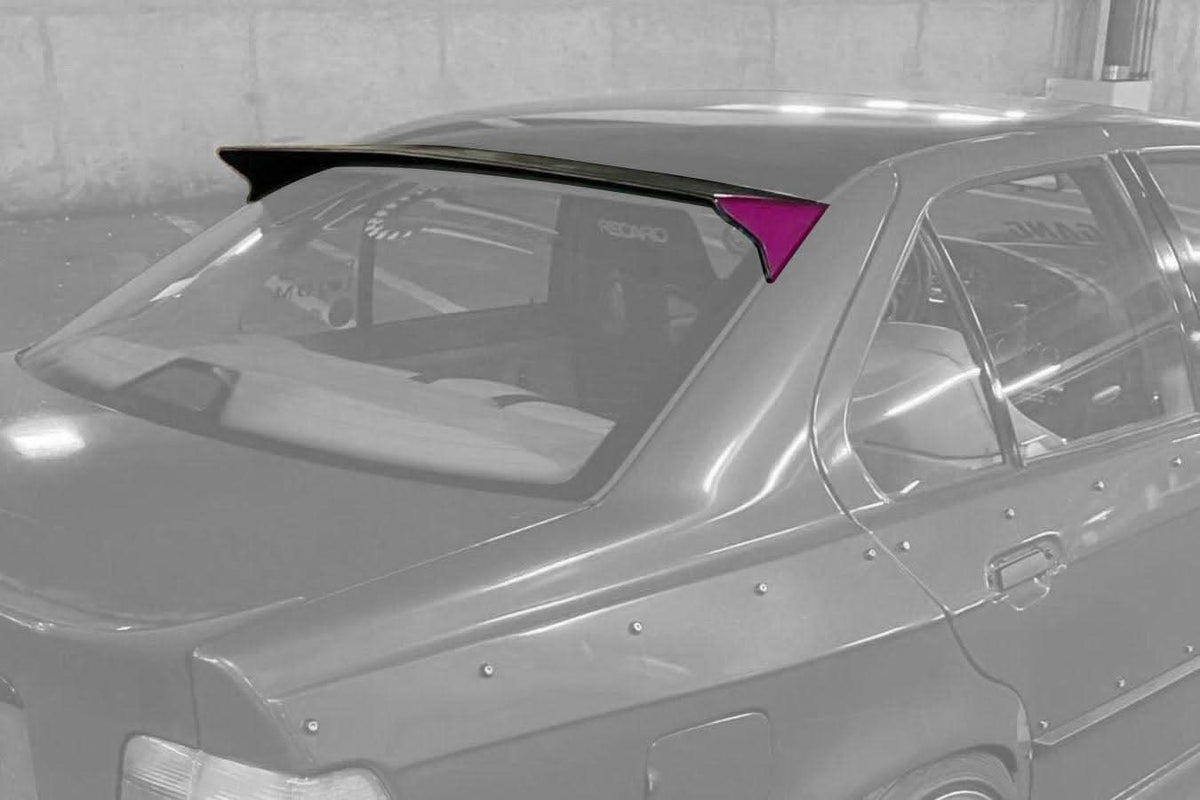 Black BMW E36 Sedan Series 3 HM Style Roof Spoiler by K2 Industries, installed on the roof of the 1990-2000 model.