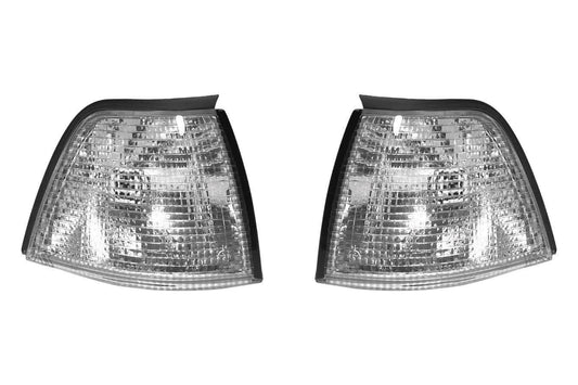 BMW E36 sedan and compact clear corner lights by K2 Industries, front view showing sleek, transparent turn signal lenses.