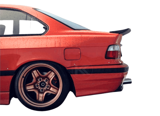 BMW E36 Series 3 drag wing style trunk spoiler by K2 Industries, showing the sleek aerodynamic design on the car's rear.