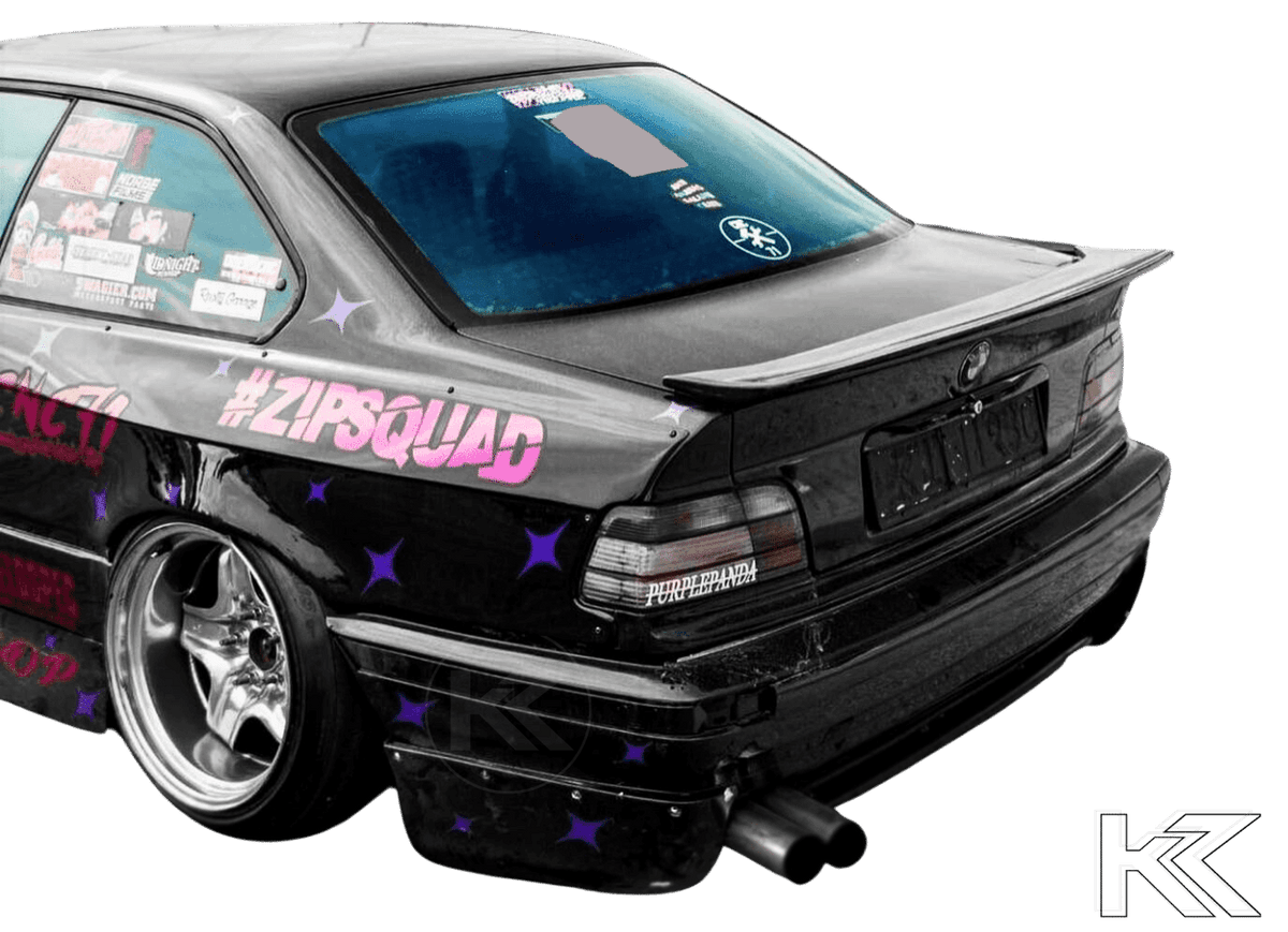 BMW E36 Series 3 drag wing trunk spoiler by K2 Industries, rear view showing aerodynamic design for 1992-1999 models.