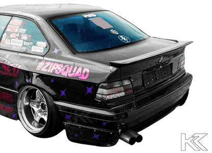 BMW E36 Series 3 drag wing trunk spoiler by K2 Industries, rear view showing aerodynamic design for 1992-1999 models.