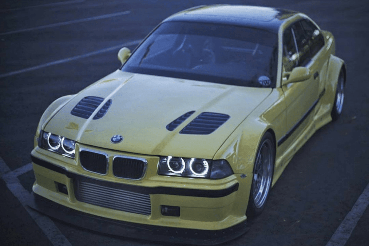 BMW E36 Series 3 GTR-inspired front hood vents by K2 Industries, designed for 1990-1999 models, showing sleek hood gill details.