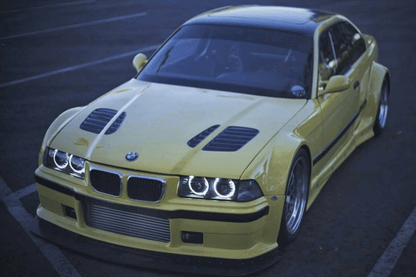 BMW E36 Series 3 GTR-inspired front hood vents by K2 Industries, designed for 1990-1999 models, showing sleek hood gill details.
