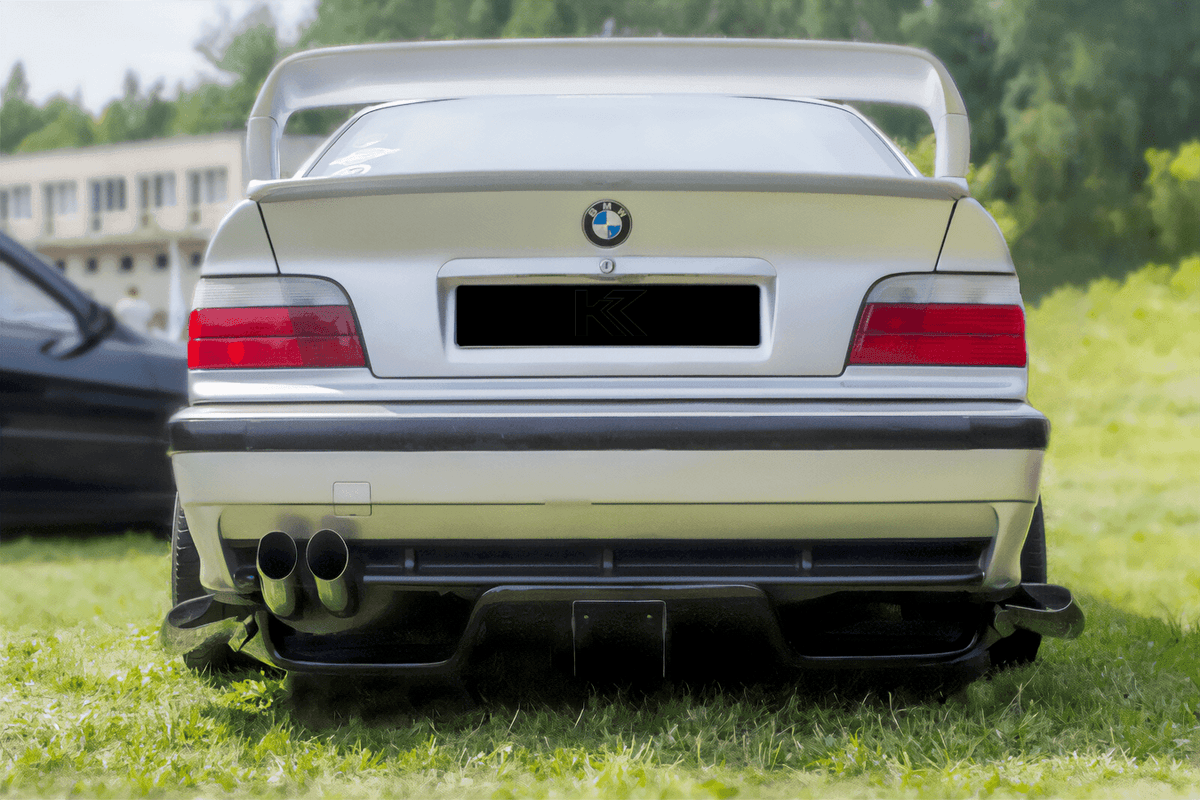 BMW E36 Series 3 MaxStyle rear diffuser by K2 Industries, for 1992-1999 models, showing the black aerodynamic car part