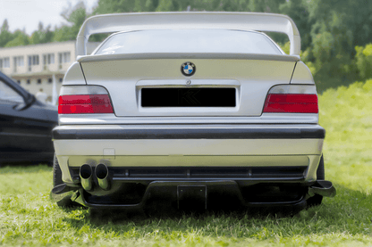 BMW E36 Series 3 MaxStyle rear diffuser by K2 Industries, for 1992-1999 models, showing the black aerodynamic car part