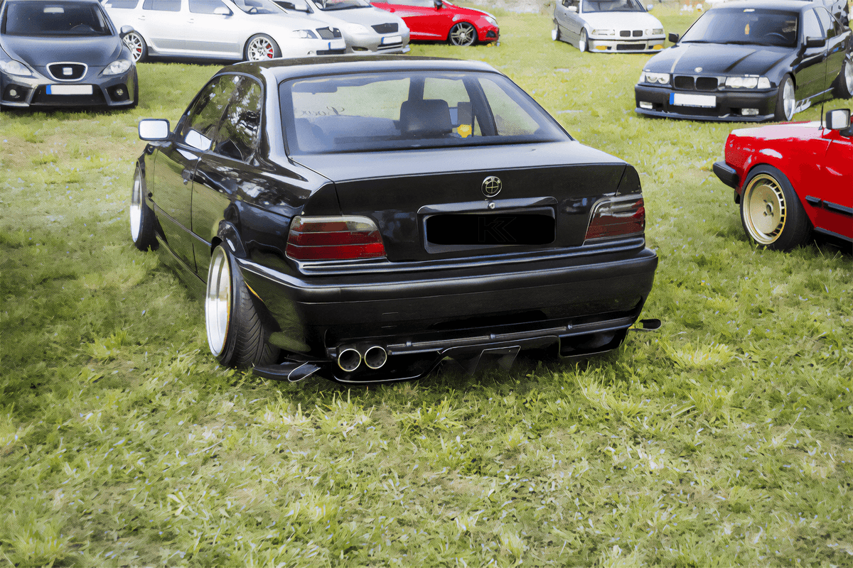 BMW E36 Series 3 MaxStyle rear diffuser by K2 Industries, designed for 1992-1999 model, showing the sleek black automotive diffuser.