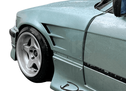 BMW E36 Vented Front Over-Fenders by K2 Industries, showing close-up of vented wheel arches on 1990-1999 model.