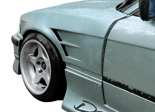 BMW E36 Vented Front Over-Fenders by K2 Industries, showing close-up of vented wheel arches on 1990-1999 model.