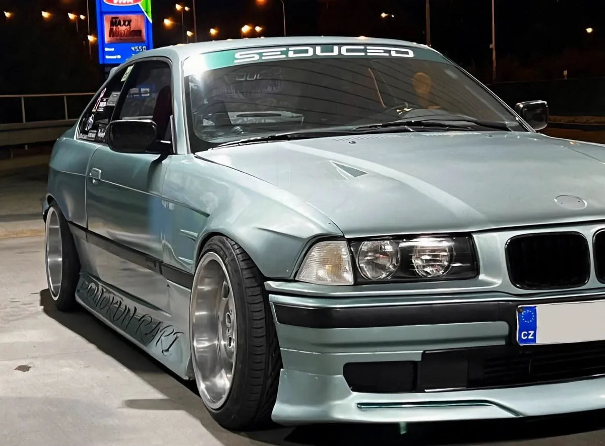 BMW E36 Vented Front Over-Fenders by K2 Industries, showcasing the custom vented design and fitment for 1990-1999 models