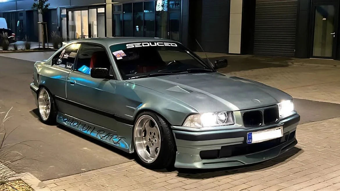 BMW E36 Vented Front Over-Fenders by K2 Industries, showing close-up of vented design on front wheel arches for 1990-1999 models.