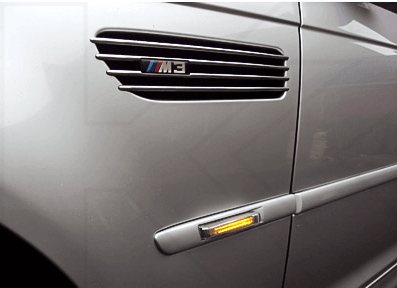 BMW E38 7-Series E46 M3 crystal side indicators with clear and smoke lenses, amber and white LED marker lights by K2 Industries.