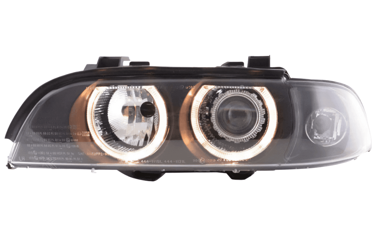 BMW E39 5-Series Xenon Angel Eye Rings Headlights by K2 Industries, showing the illuminated angel eye rings on the headlights.