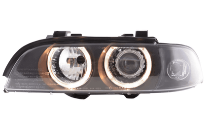 BMW E39 5-Series Xenon Angel Eye Rings Headlights by K2 Industries, showing the illuminated angel eye rings on the headlights.