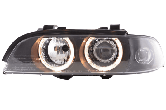 BMW E39 5-Series Xenon Angel Eye Rings Headlights by K2 Industries, showing the illuminated angel eye rings on the headlights.