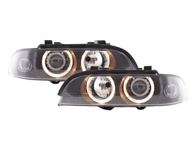 BMW E39 5-Series headlights with Xenon angel eye rings, model years 1995-2000, by K2 Industries, showing front view with illuminated rings.