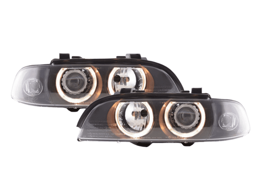 BMW E39 5-Series headlights with Xenon angel eye rings, model years 1995-2000, by K2 Industries, showing front view with illuminated rings.