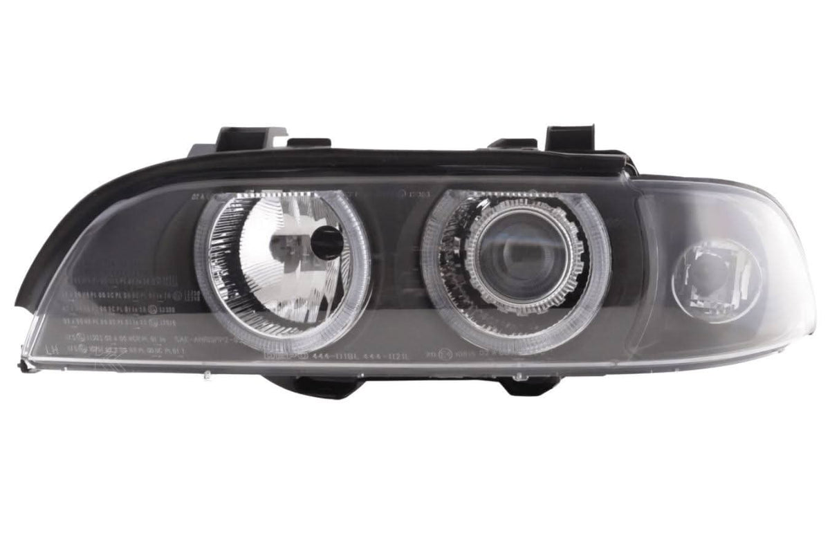 BMW E39 5-Series Xenon Angel Eye Rings Headlights by K2 Industries, showing the illuminated angel eye rings on the headlight units.