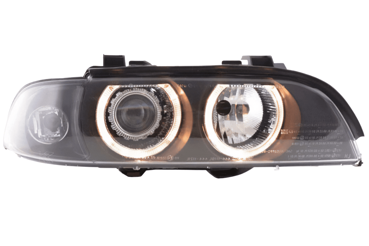 BMW E39 5-Series Xenon Angel Eye Rings Headlights by K2 Industries showing close-up of illuminated angel eye rings on headlights from 1995-2000