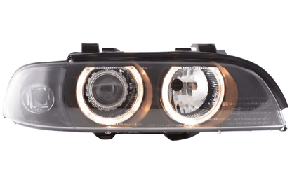 BMW E39 5-Series Xenon Angel Eye Rings Headlights by K2 Industries showing close-up of illuminated angel eye rings on headlights from 1995-2000
