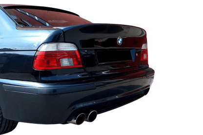 BMW e39 Series 5 CSL-inspired ducktail trunk spoiler by K2 Industries, shown from the side on a 1996-2003 sedan.