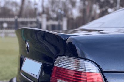BMW e39 Series 5 CSL-inspired ducktail trunk spoiler by K2 Industries, shown installed on a 1996-2003 sedan.