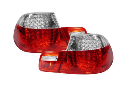 Set of four BMW E46 2D Depo LED tail lights for 1999-2003, by K2 Industries, showing the sleek red and clear lens design.