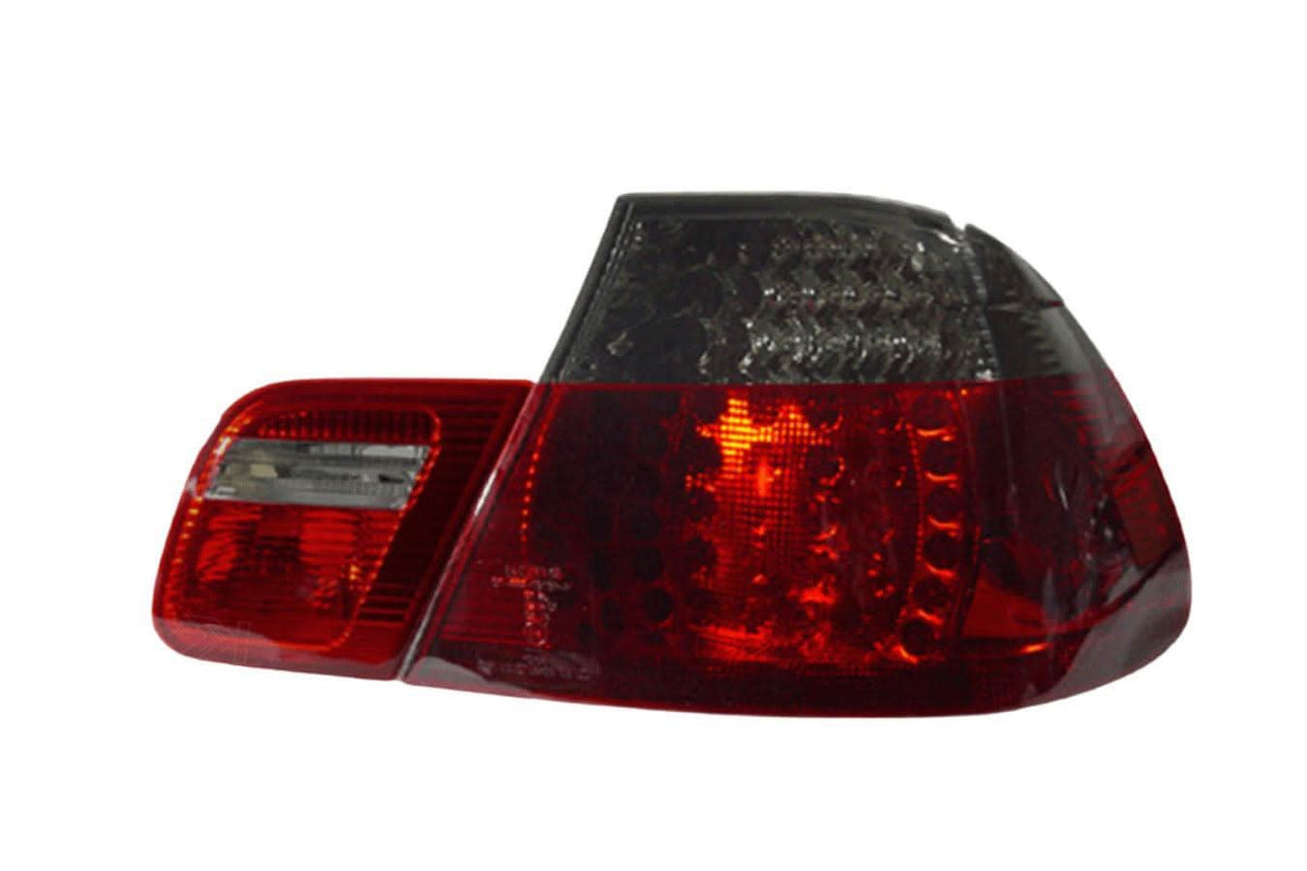 BMW E46 2D Depo LED tail lights set by K2 Industries, 4-piece replacement lights for 1999-2003 models, showing illuminated tail light assembly.