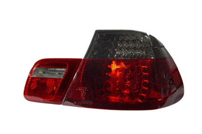 BMW E46 2D Depo LED tail lights set by K2 Industries, 4-piece replacement lights for 1999-2003 models, showing illuminated tail light assembly.